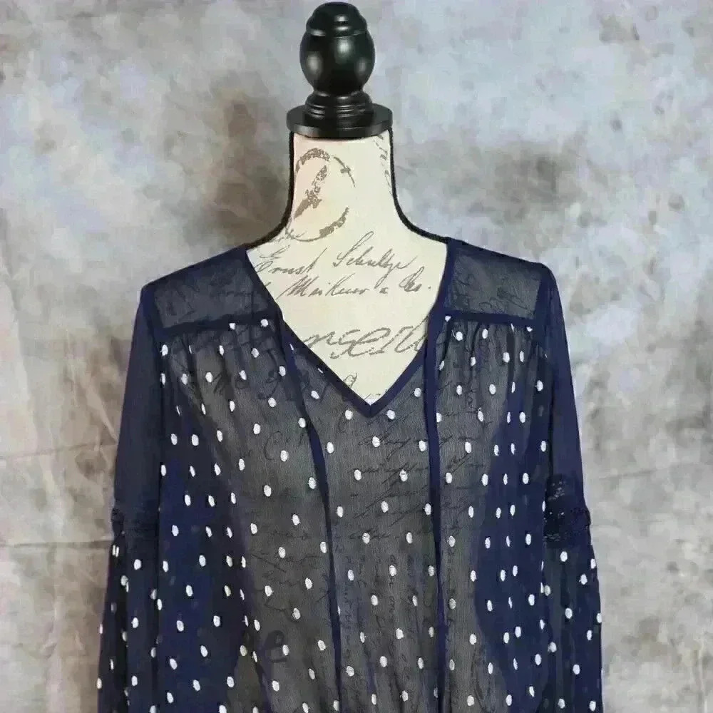 Women's Free People Size S navy blue polka dot embroidered sheer shirt - Picture 2 of 14